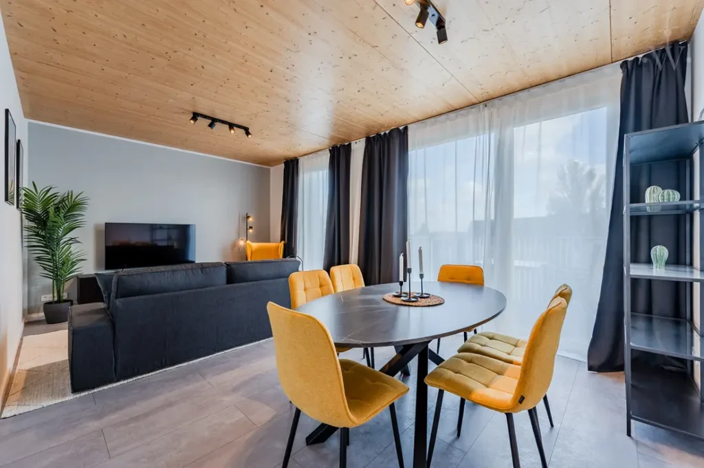 Living room with dining table and chairs, a sofa and a television, as well as a plant