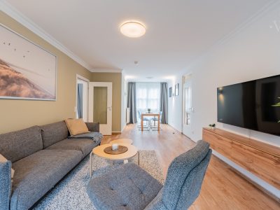 Gemütliches Wohnzimmer mit Sofa und Flachbildfernseher in Berliner Serviced Apartment