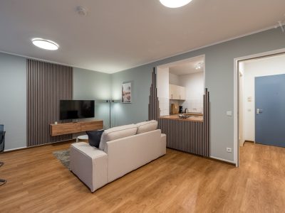 Modernes Wohnzimmer mit offener Küche und Essbereich in WOONWOON Berlin Apartment